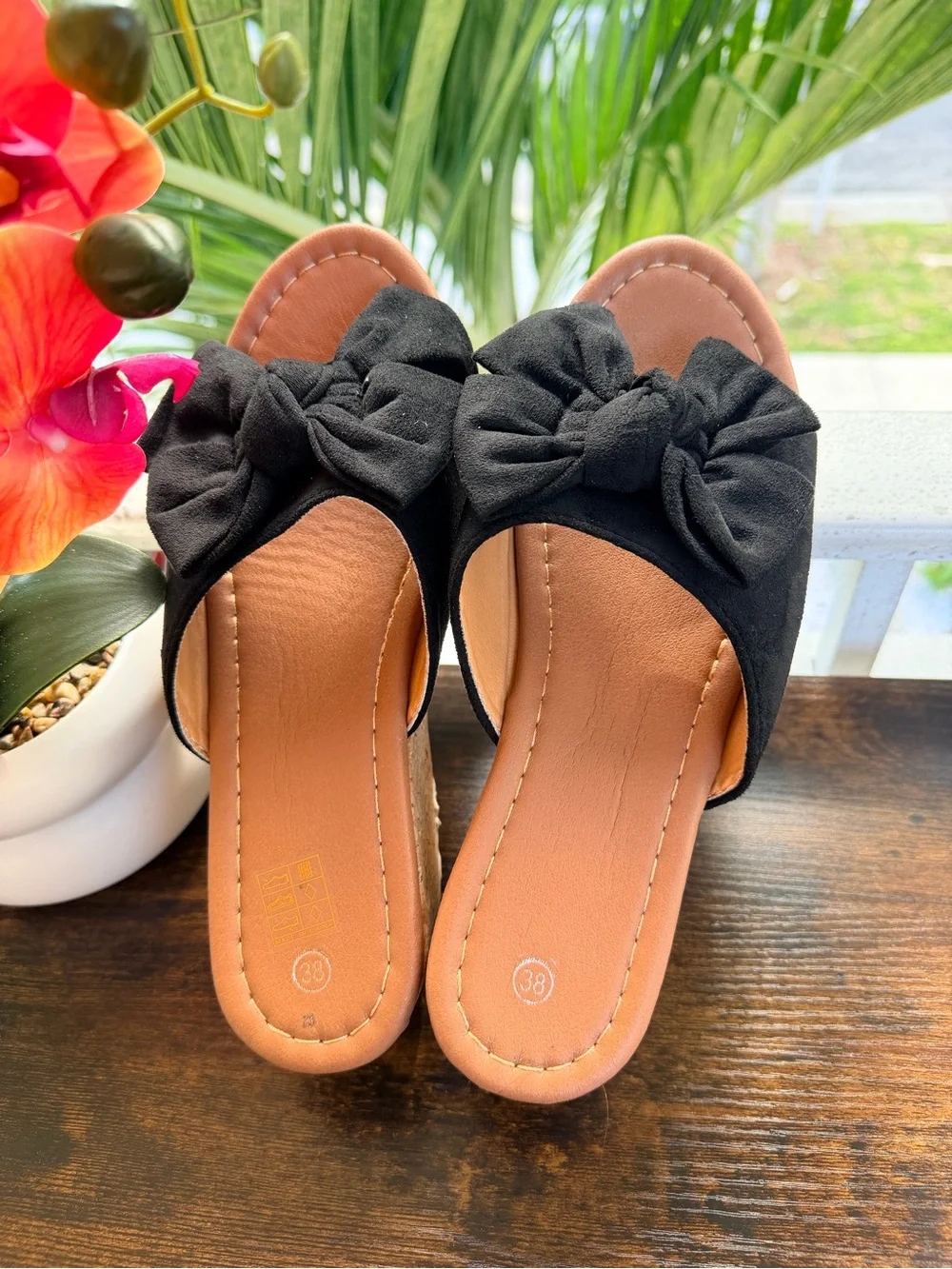 Black Bow Cork Wedge Slide Sandals - Women